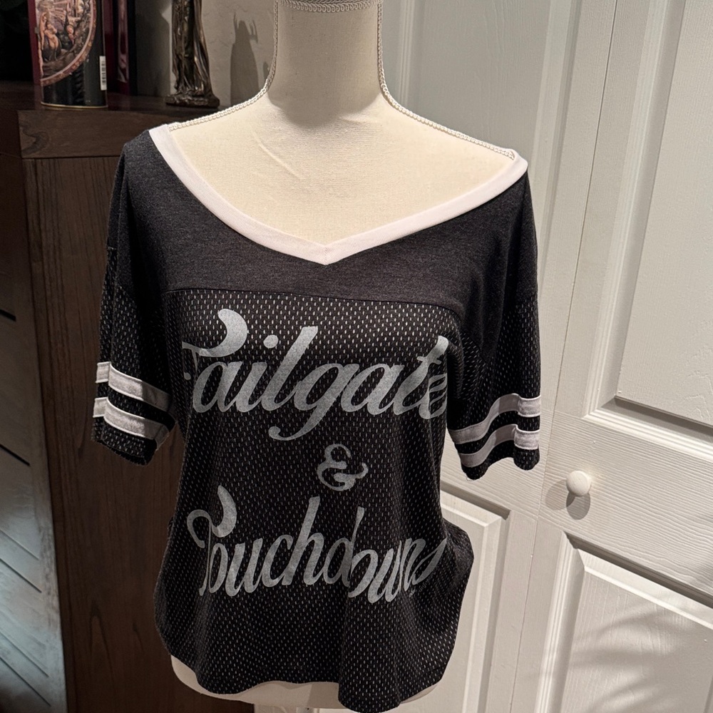 Blue 84 Women's Black and White V-Neck Jersey Tailgates and Touchdowns